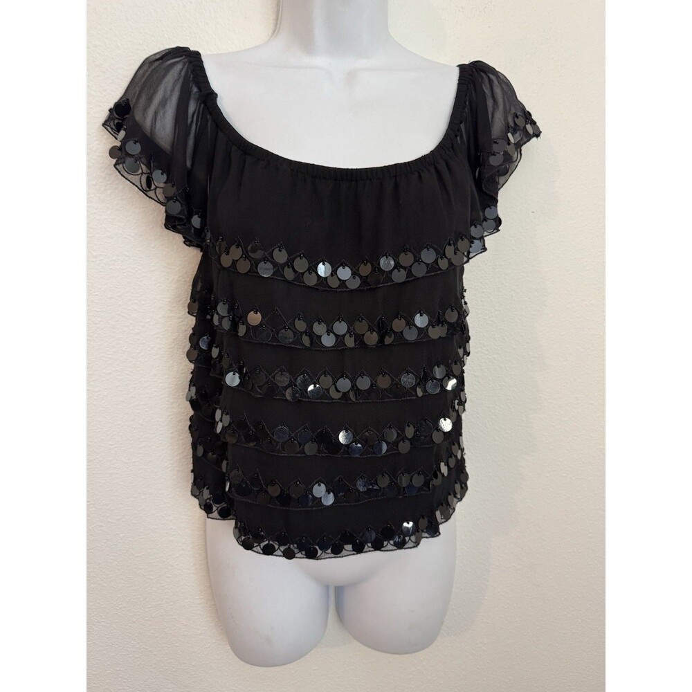 Vintage Cache Silk Beaded Ruffle Flutter Sleeve Blouse Size 10 Y2k Fairygoth